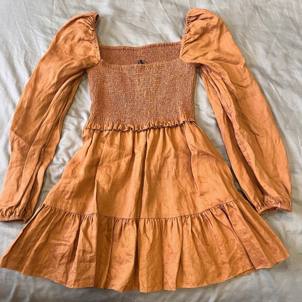 Quince European Linen Smocked Mini Long Sleeve Dress Terracotta Brown XS Peasant - Picture 6 of 8